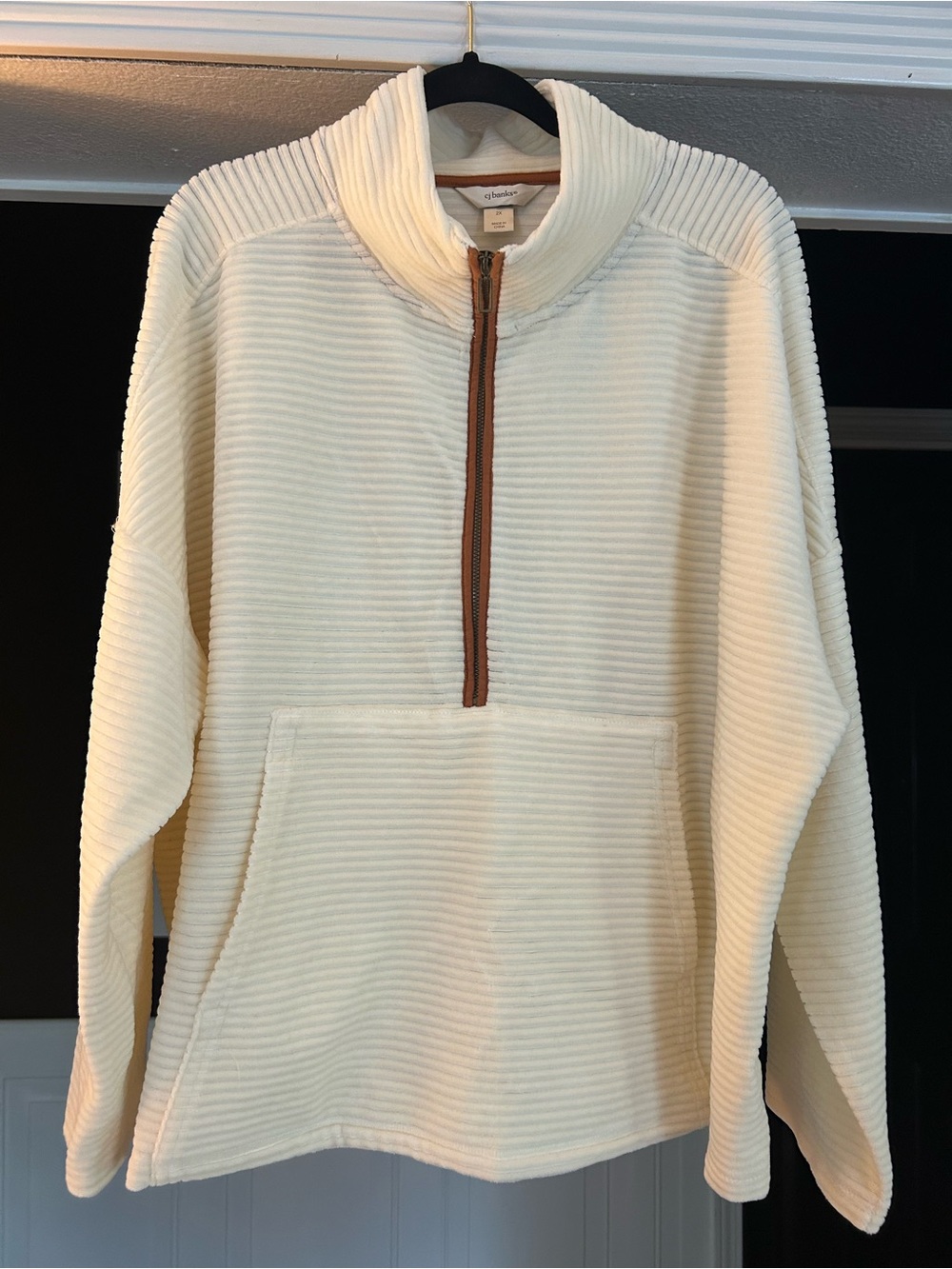 CJ Banks Cream Ribbed Half-Zip Pullover with Brown Trim